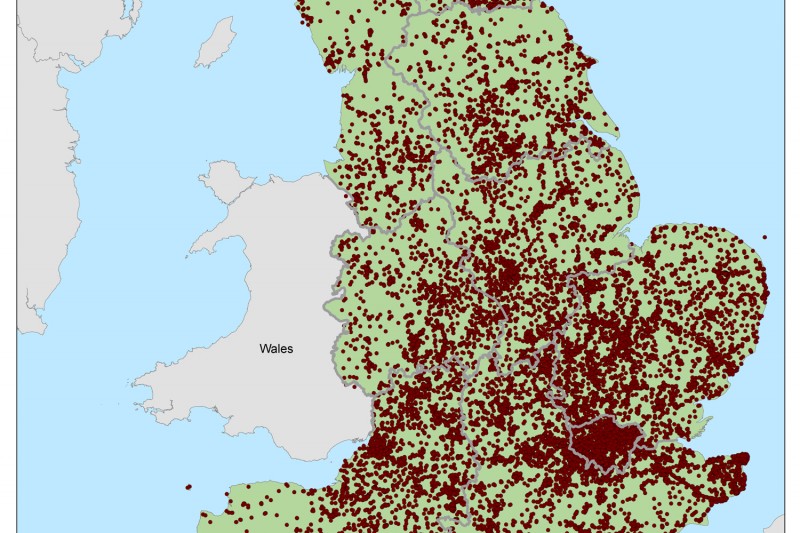 Map showing the distribution of recorded field investigations in England 1990-2010