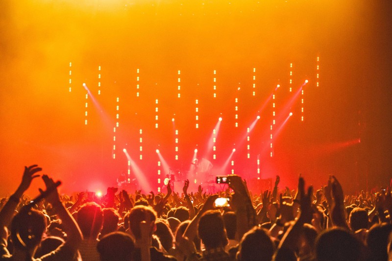 A crowd at a concert holding up their hands and taking photos 